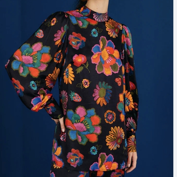FARM Rio Lily's Garden Mock Neck Blouse Women's XS Floral Colorful Vacation - Picture 3 of 12